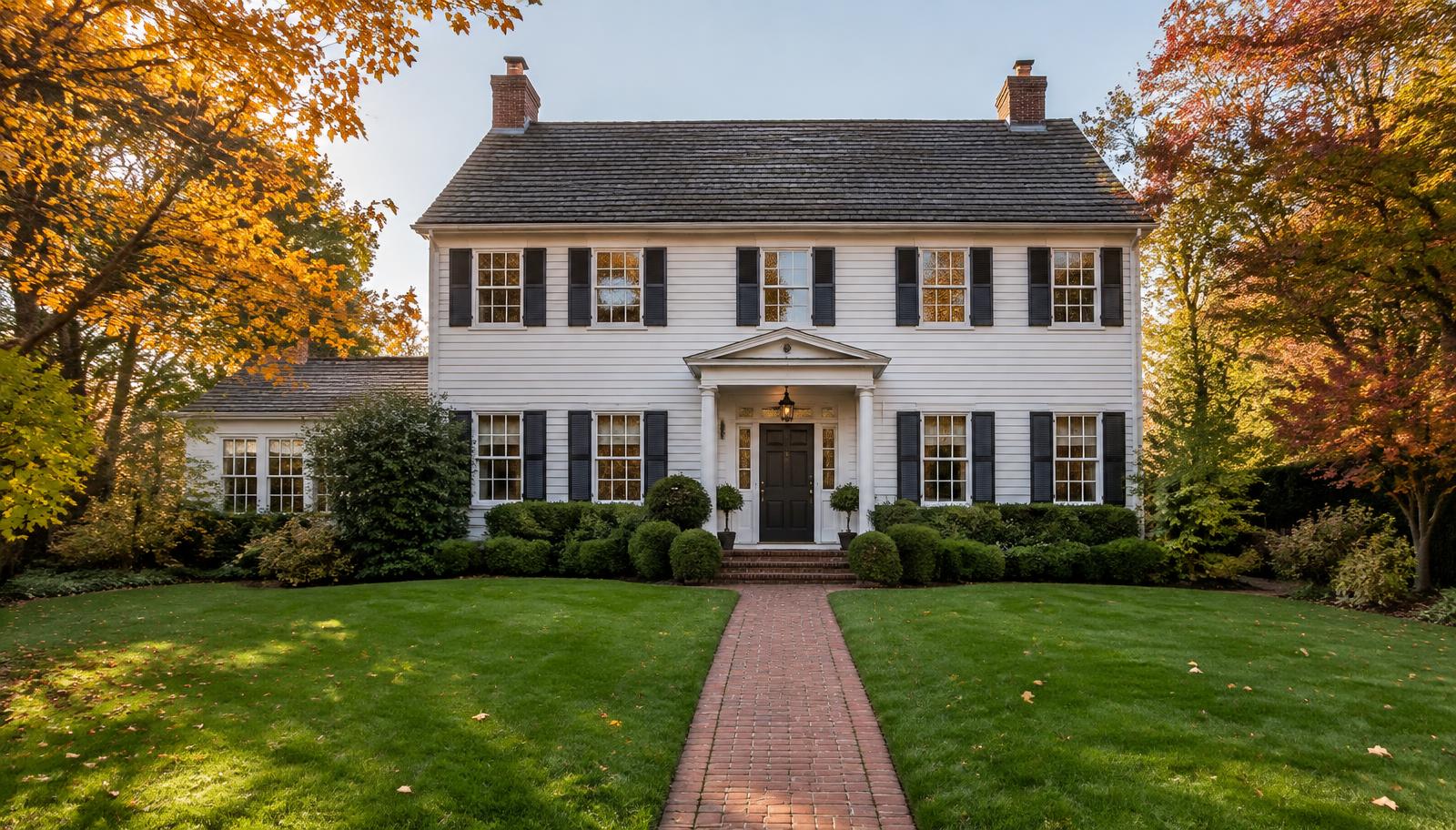 White center-hall colonial home with a thick, deep green front lawn, brick walkway and autumn trees in Summit, NJ