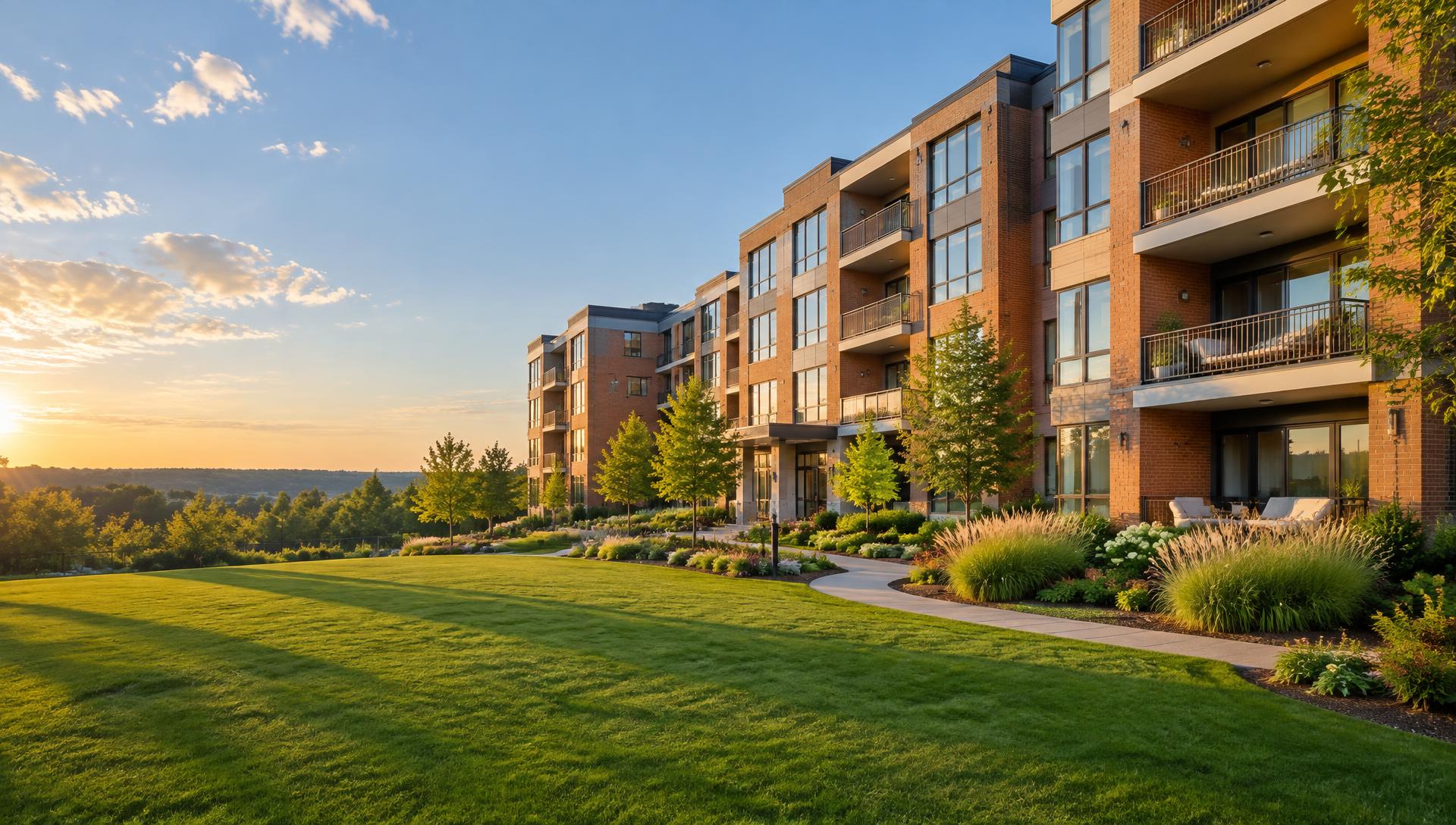 Modern brick apartment community with a thick, green common lawn and landscaped beds at sunset in Northern New Jersey