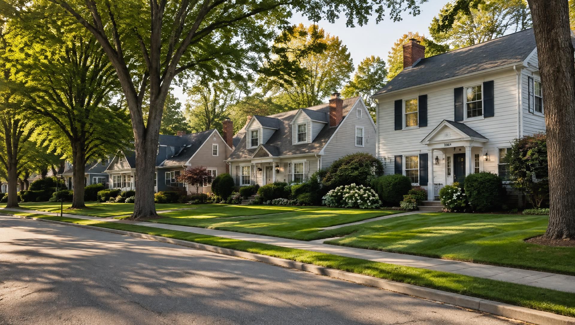 Established residential street with compact colonial and cape cod homes and striped front lawns in Garwood, NJ