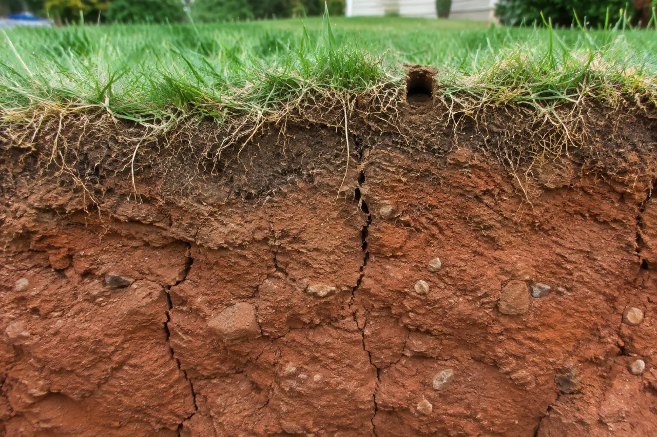 Compacted soil profile with shallow grass roots under a thin lawn
