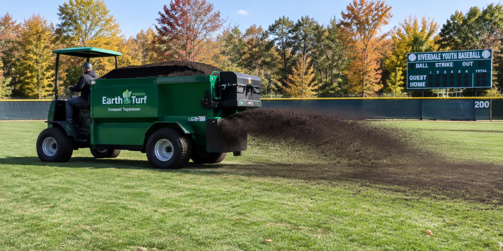 Compost topdresser spreading dark compost across a youth baseball outfield during fall field renovation in New Jersey