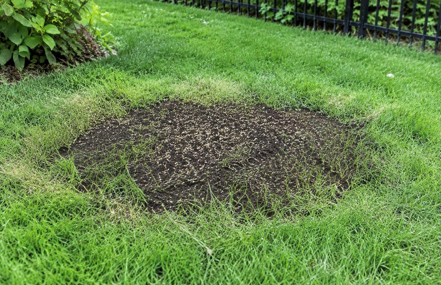 Thin patch in a green cool-season lawn topdressed with dark screened compost and fresh grass seed in spring