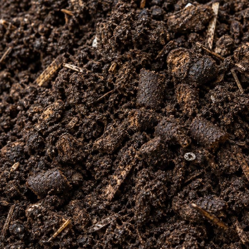 Close-up texture of dark composted poultry manure