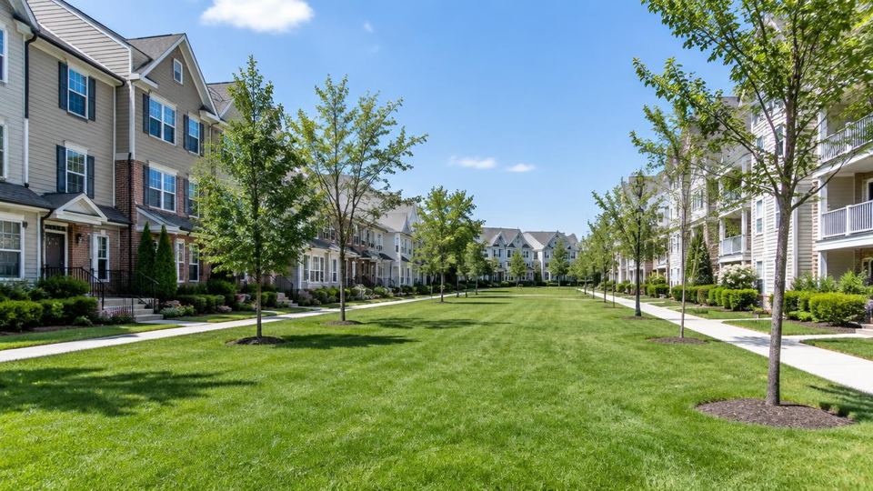 Townhome and condominium community with a long, evenly green common lawn and young shade trees in New Jersey