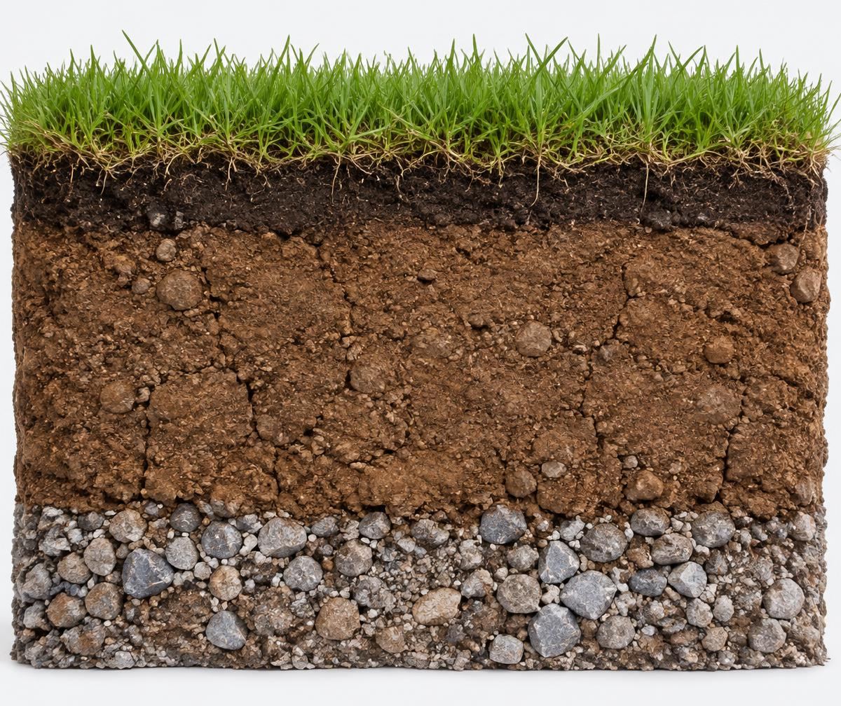 Cross-section of a new construction lawn showing sod, a thin topsoil layer, compacted soil and gravel fill