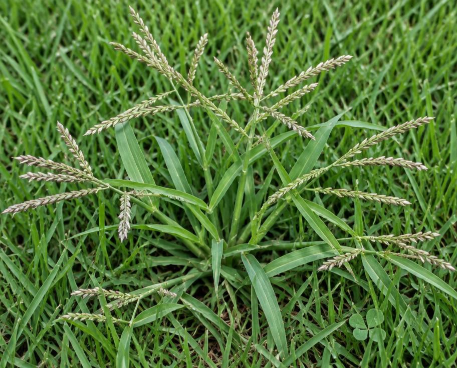 Crabgrass clump with seed heads growing in a lawn