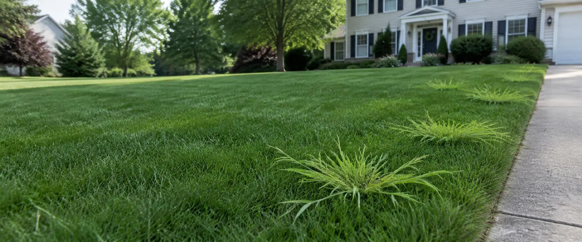 Clumps of light-green crabgrass spreading through a dark-green cool-season front lawn along a concrete driveway edge in Northern New Jersey