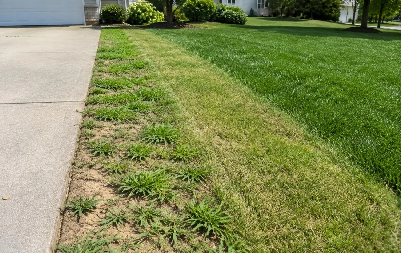 Lawn edge beside a sunny concrete driveway with crabgrass clumps in thin turf and bare soil, a scalped low-mowed strip, and denser green turf farther from the pavement