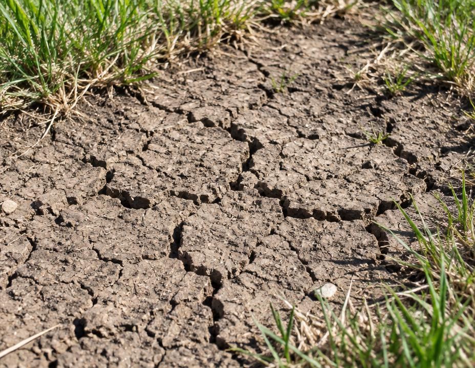 Dry cracked soil in a thin lawn area unable to absorb water