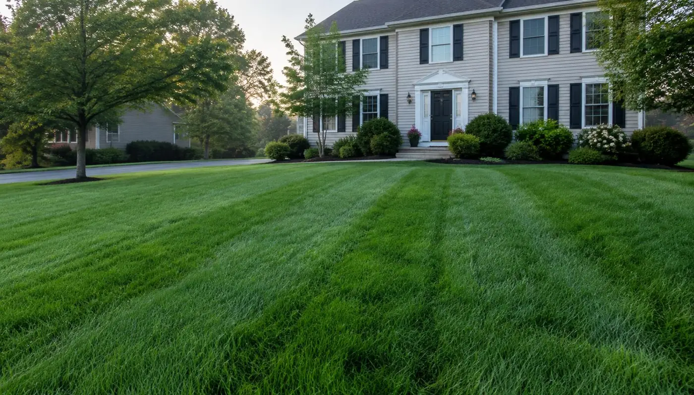 Thick, dense, dark-green cool-season lawn with soft mowing stripes in front of a Northern New Jersey colonial home