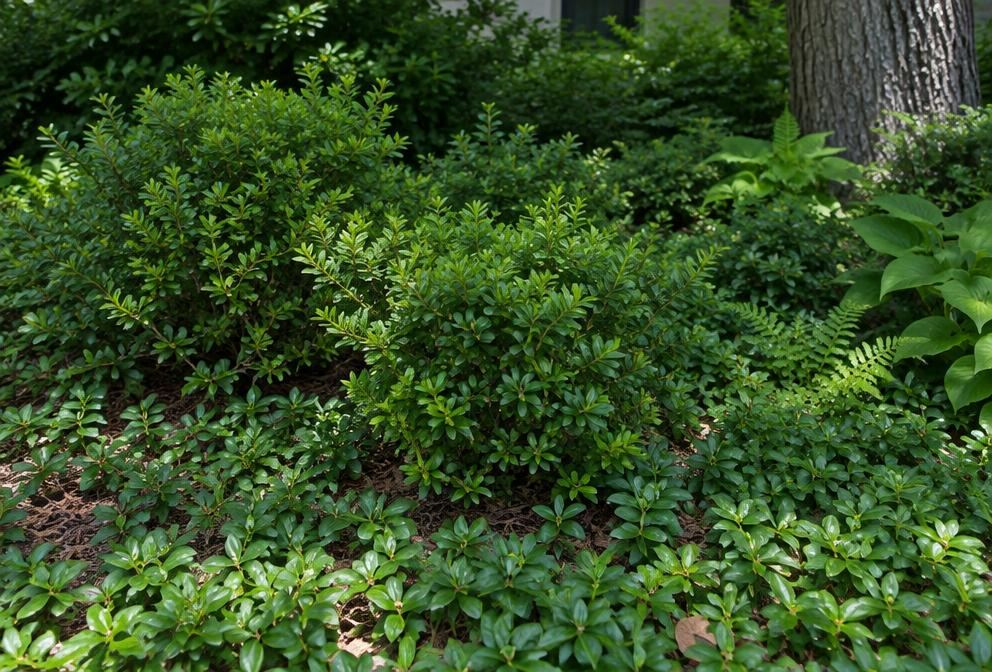 Dense low shrubs and ground cover in a shaded landscape bed