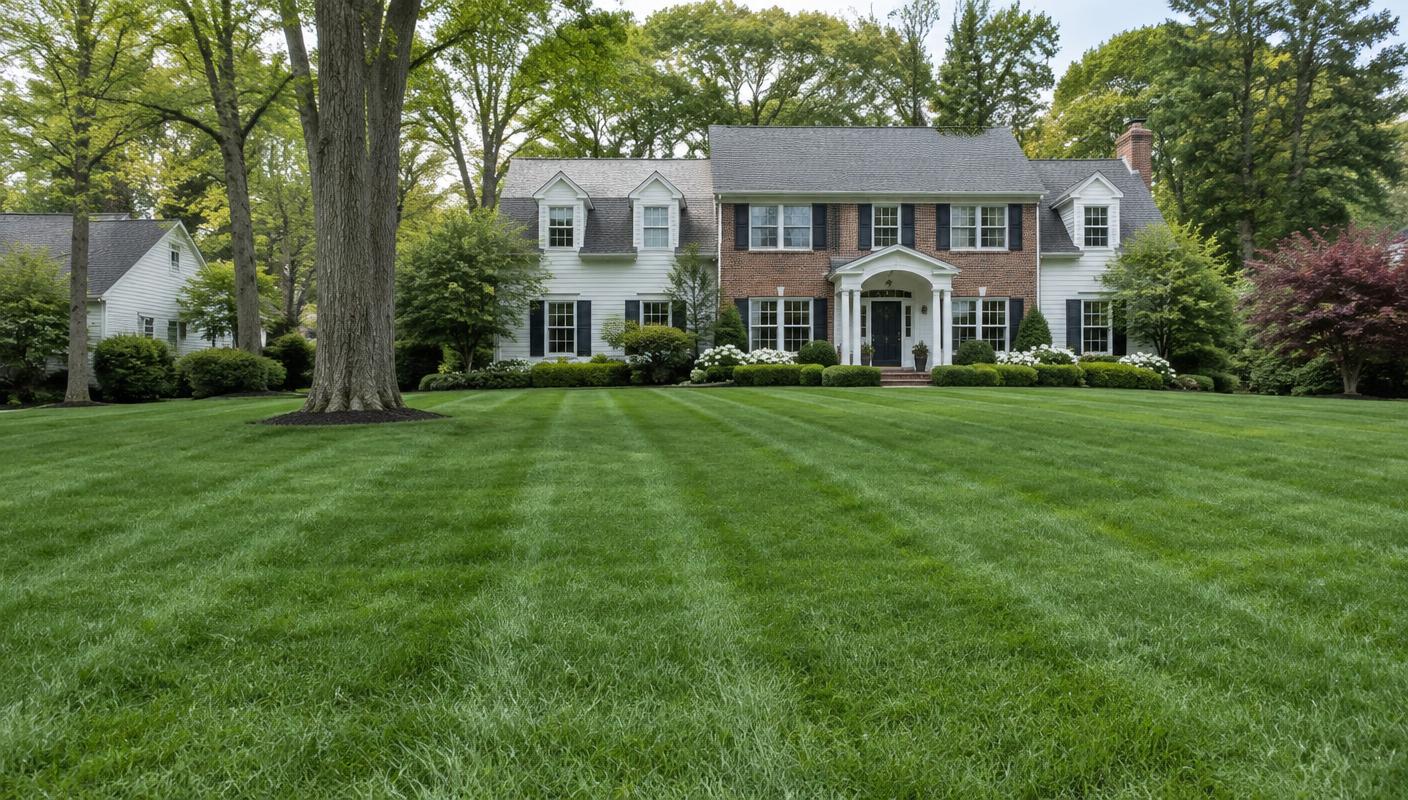 Thick, tall-mowed striped front lawn of a brick and white colonial home with mature trees in Northern New Jersey in late spring