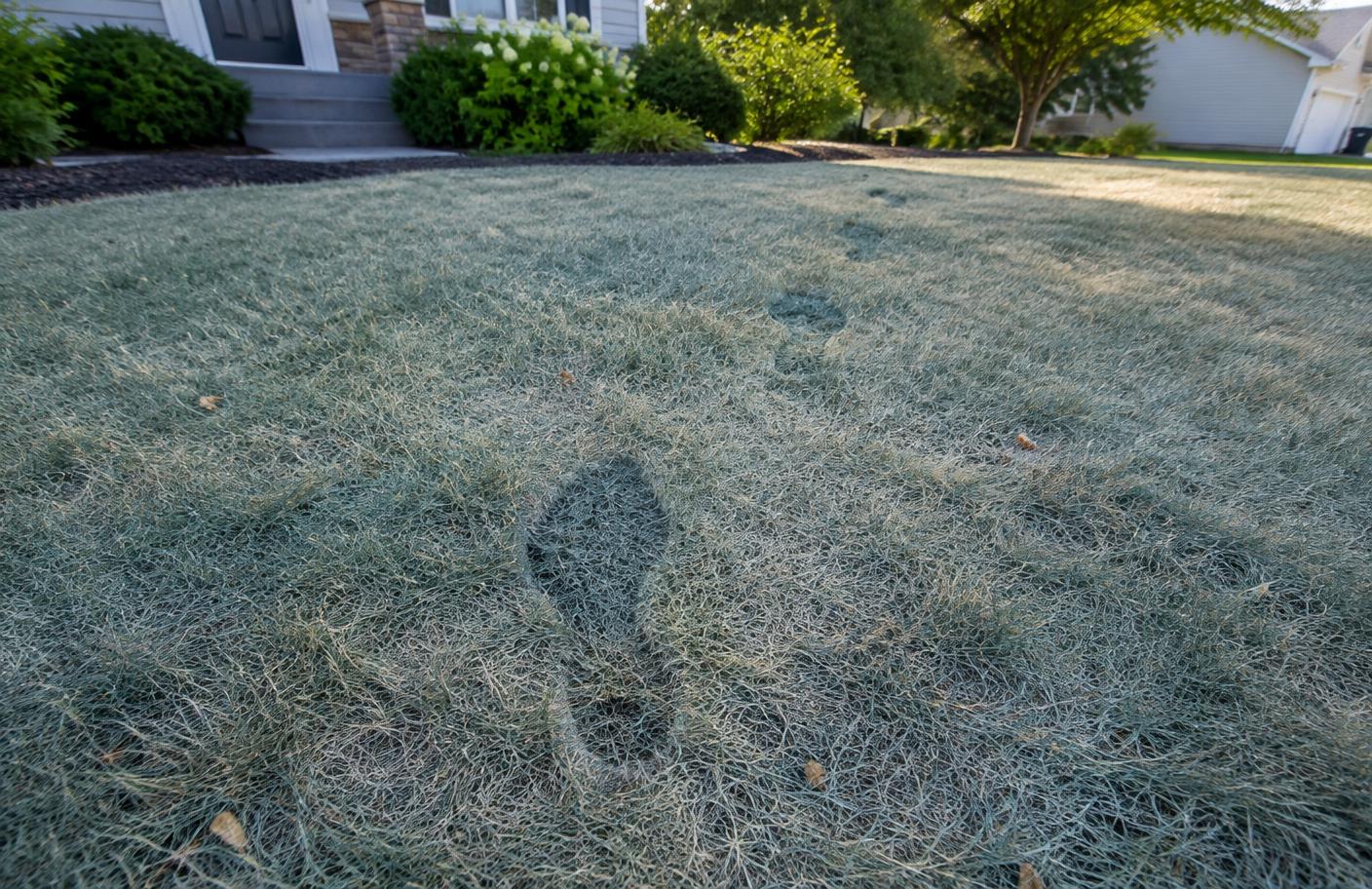 Drought-stressed summer lawn with bluish-gray wilted grass where footprints stay pressed into the turf