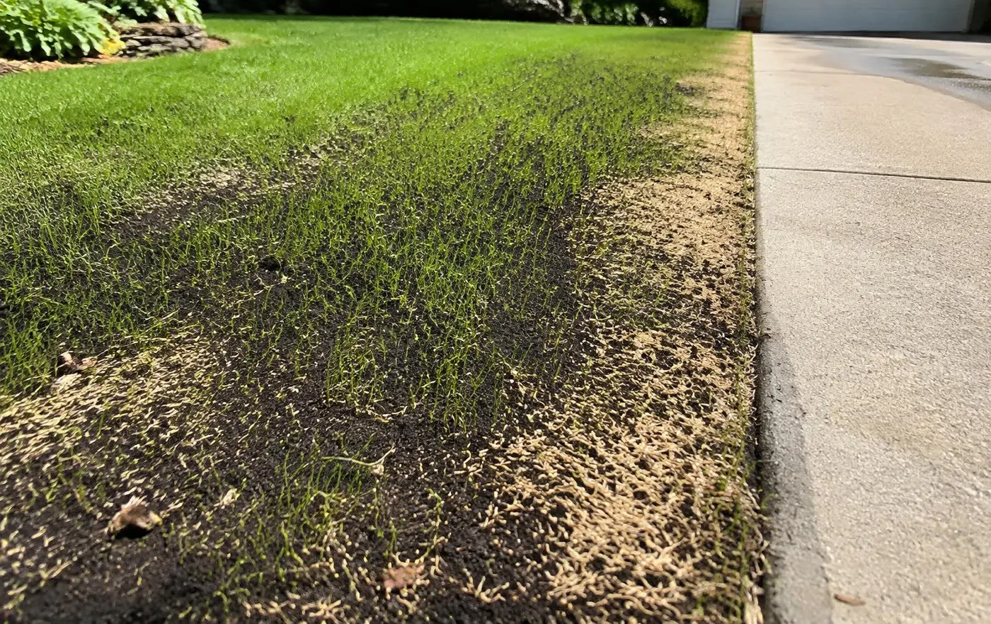 Newly overseeded lawn beside a sunny concrete driveway where the strip nearest the pavement is dry and light-colored while the rest of the seedbed is moist with green seedlings