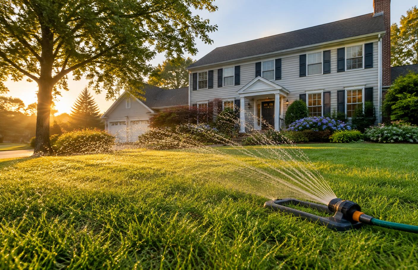 Oscillating sprinkler watering a lush green front lawn of a Northern New Jersey colonial home at sunrise
