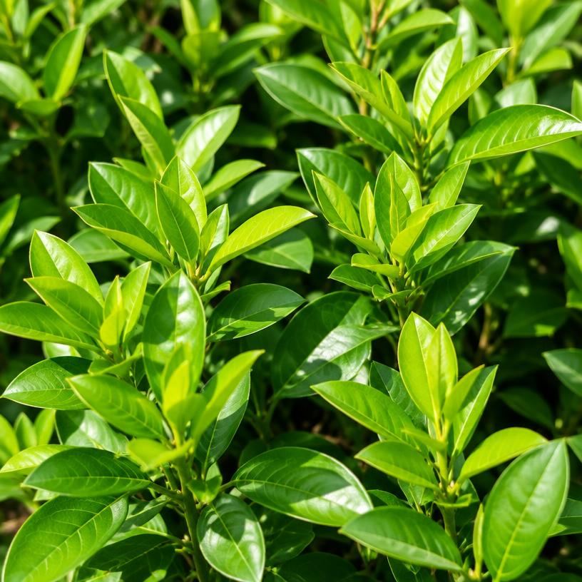 Bright green new summer foliage on a healthy ornamental shrub
