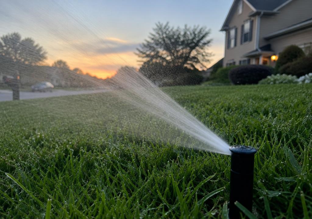 Sprinkler watering a lawn in the evening, leaving grass blades wet overnight