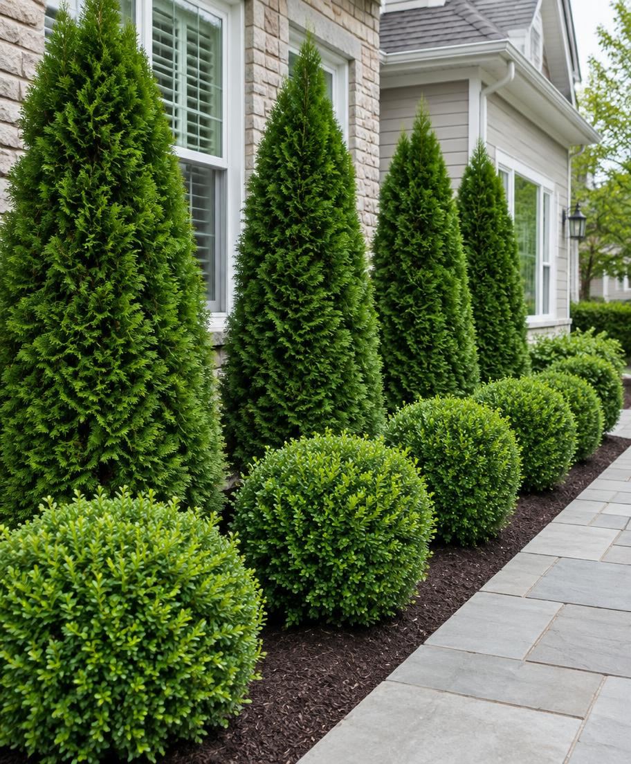 Trimmed evergreen arborvitae and boxwood shrubs along a residential walkway