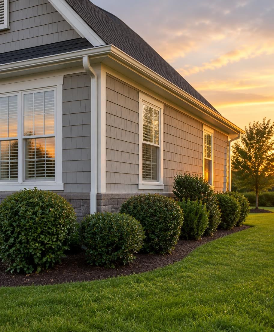 Corner of a suburban home with trimmed foundation shrubs and lawn at sunset