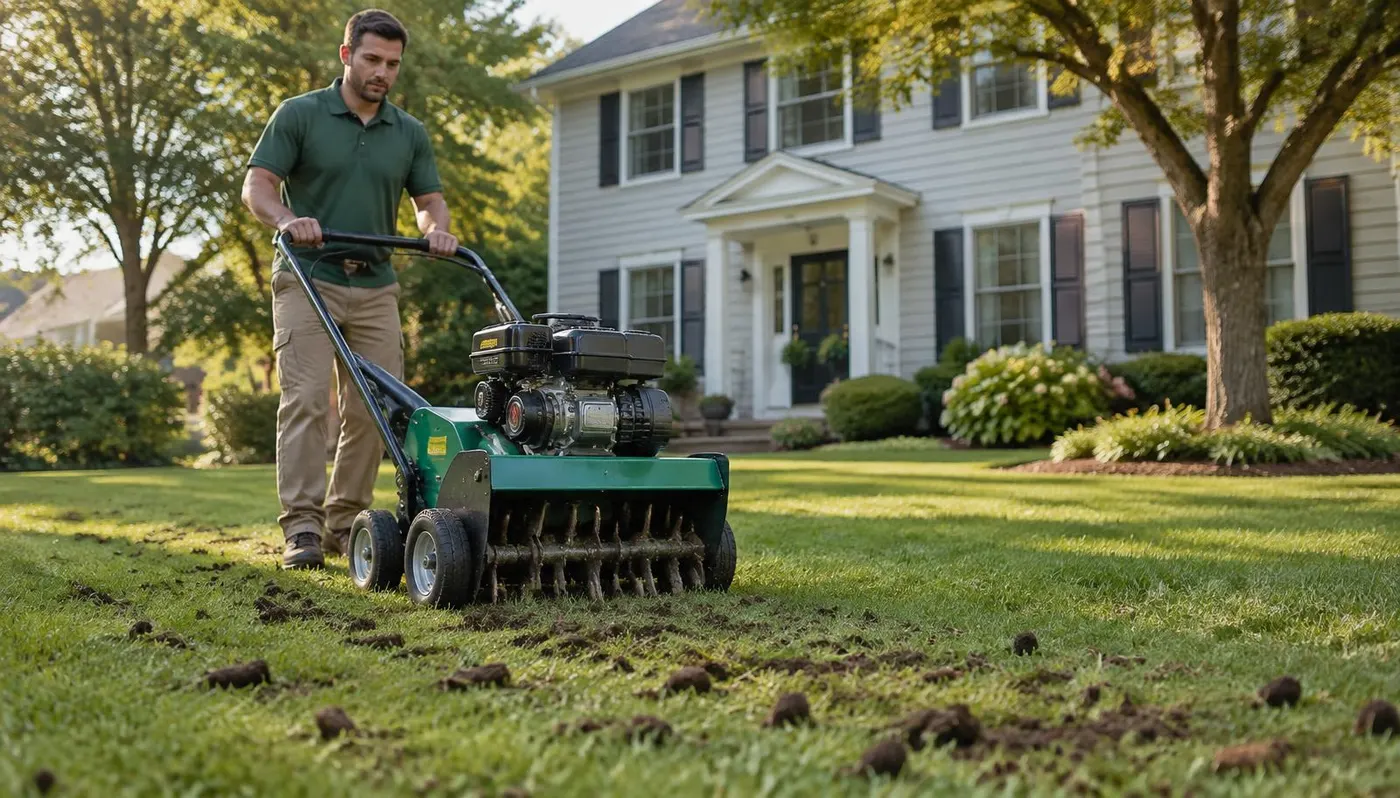 Lawn technician in a green polo running a walk-behind core aerator across a cool-season front lawn of a colonial home in Northern New Jersey, soil plugs scattered on the turf