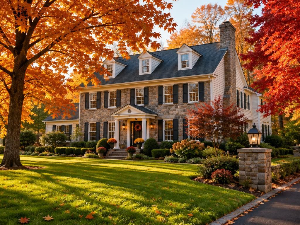 Lawn and autumn trees at a Northern New Jersey home in fall