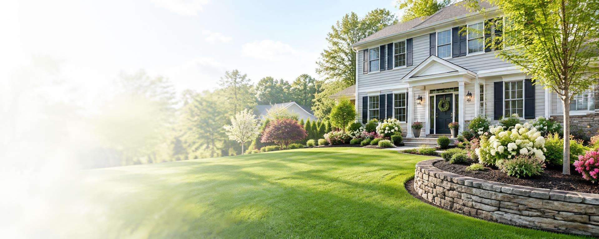 Landscaped New Jersey home with a green lawn, flowering shrubs and a stone retaining wall