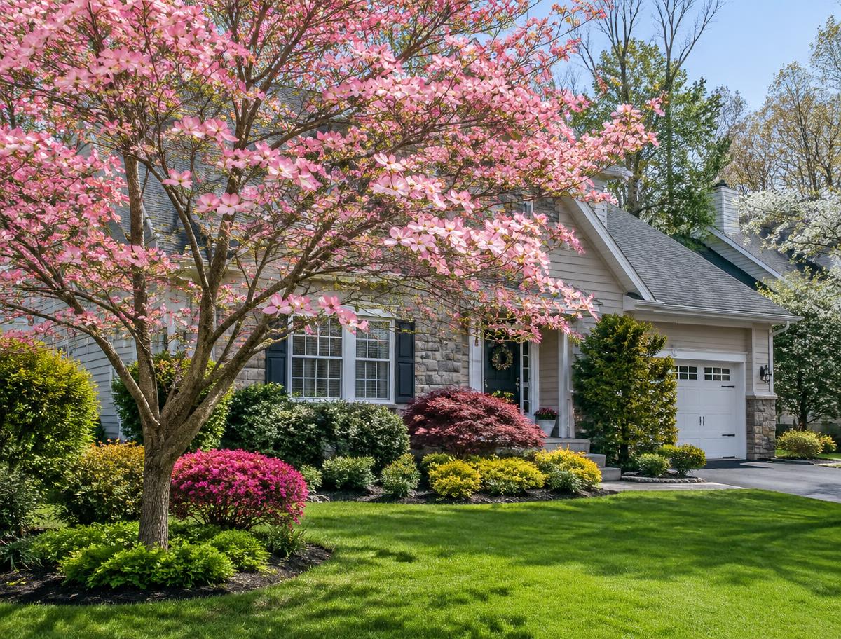 Blooming pink dogwood tree and ornamental shrubs in front of a Northern New Jersey home