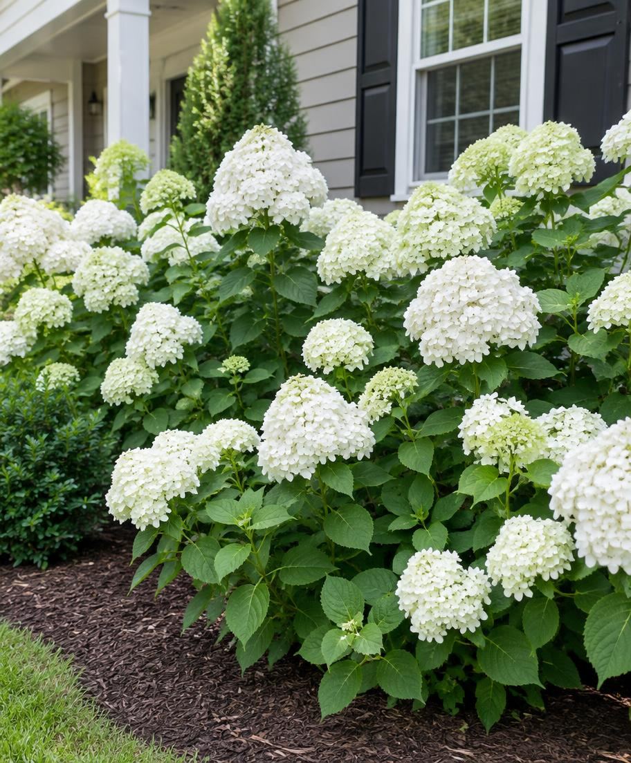 White flowering hydrangea shrubs in a well-maintained residential landscape bed