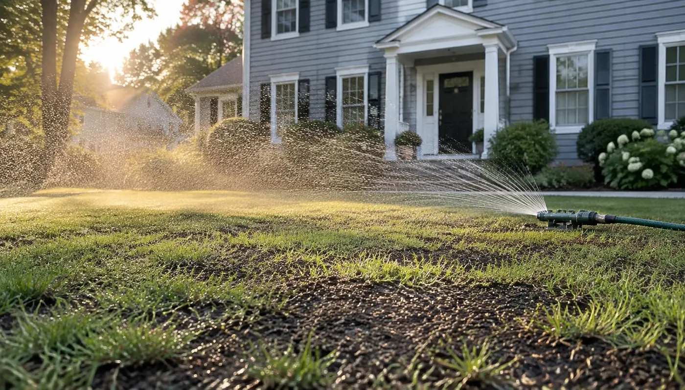 Gentle sprinkler misting fine water droplets over a freshly overseeded front lawn of a Northern New Jersey colonial home, with moist dark soil and seed between existing grass