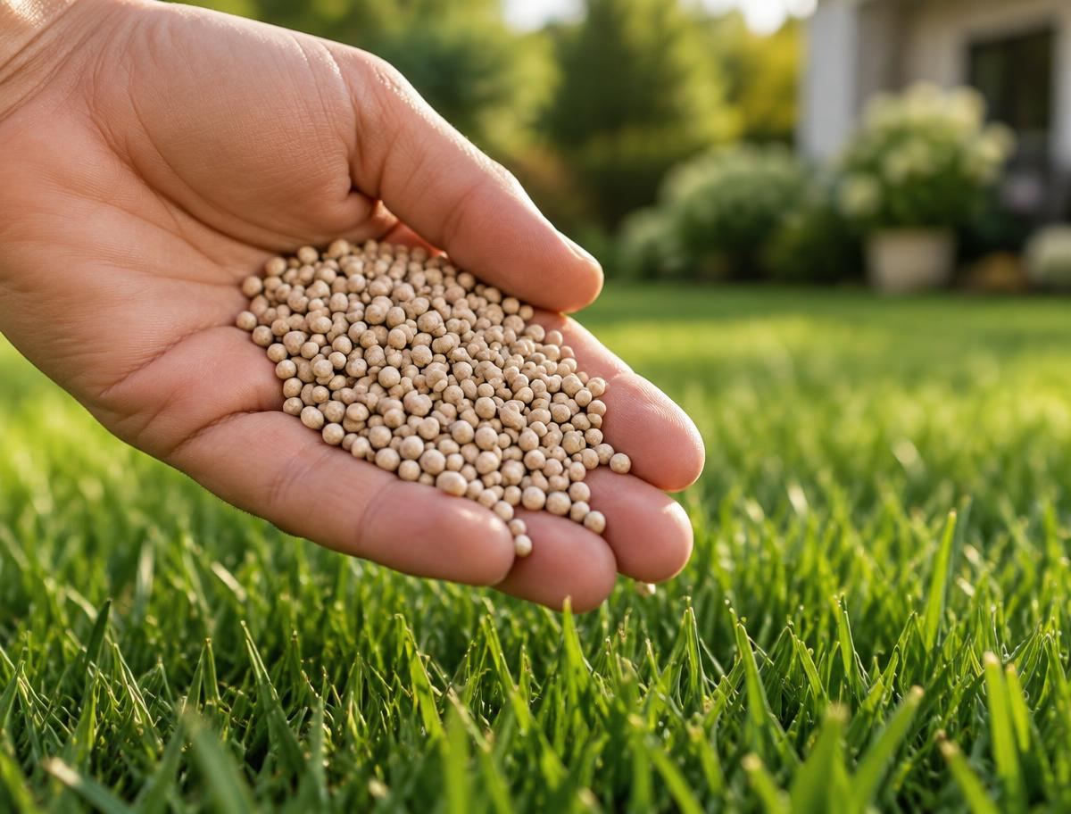 Close-up of granular turf fertilizer