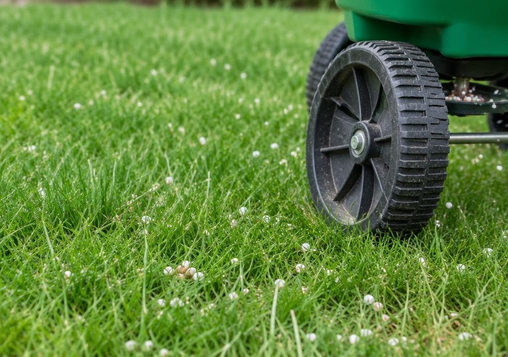 Granular fertilizer pellets spread on lawn turf beside a broadcast spreader