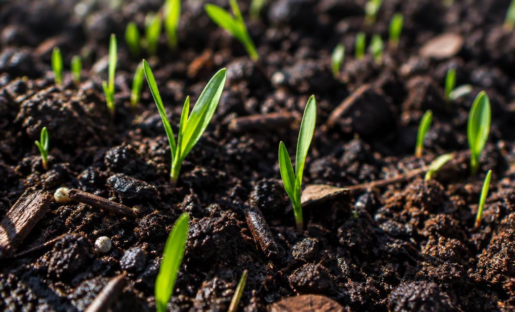 Young grass seedlings emerging from compost-topdressed soil