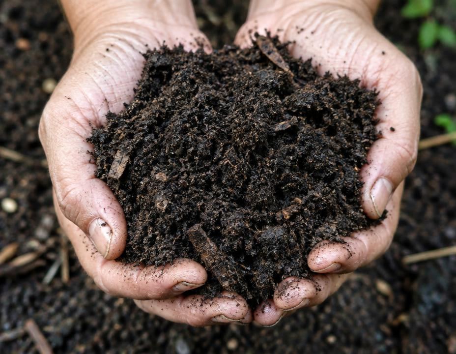 Hands holding a mound of rich, dark crumbly compost