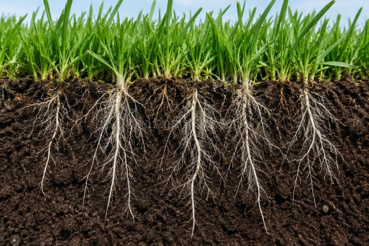 Healthy grass roots growing deep into a soil profile