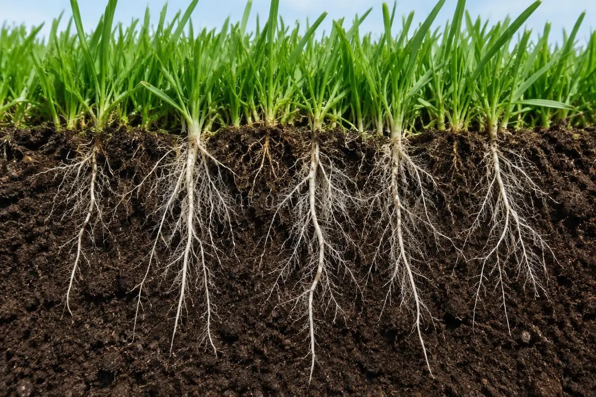 Healthy grass roots growing deep into a soil profile