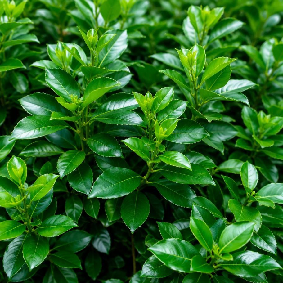 Close-up of healthy, glossy deep green ornamental shrub foliage