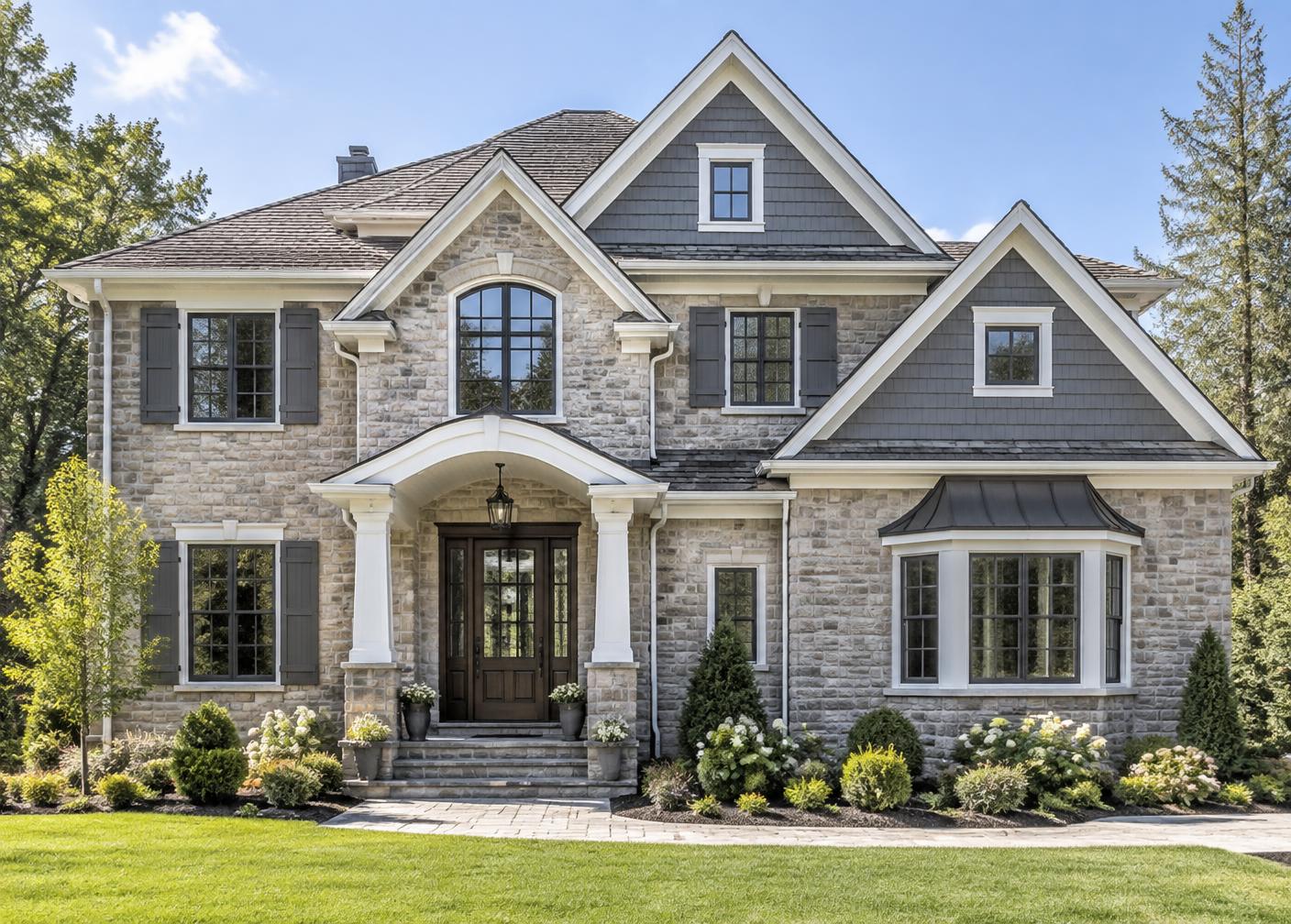 Front exterior of a stone New Jersey home showing the roofline, windows, entry door and foundation