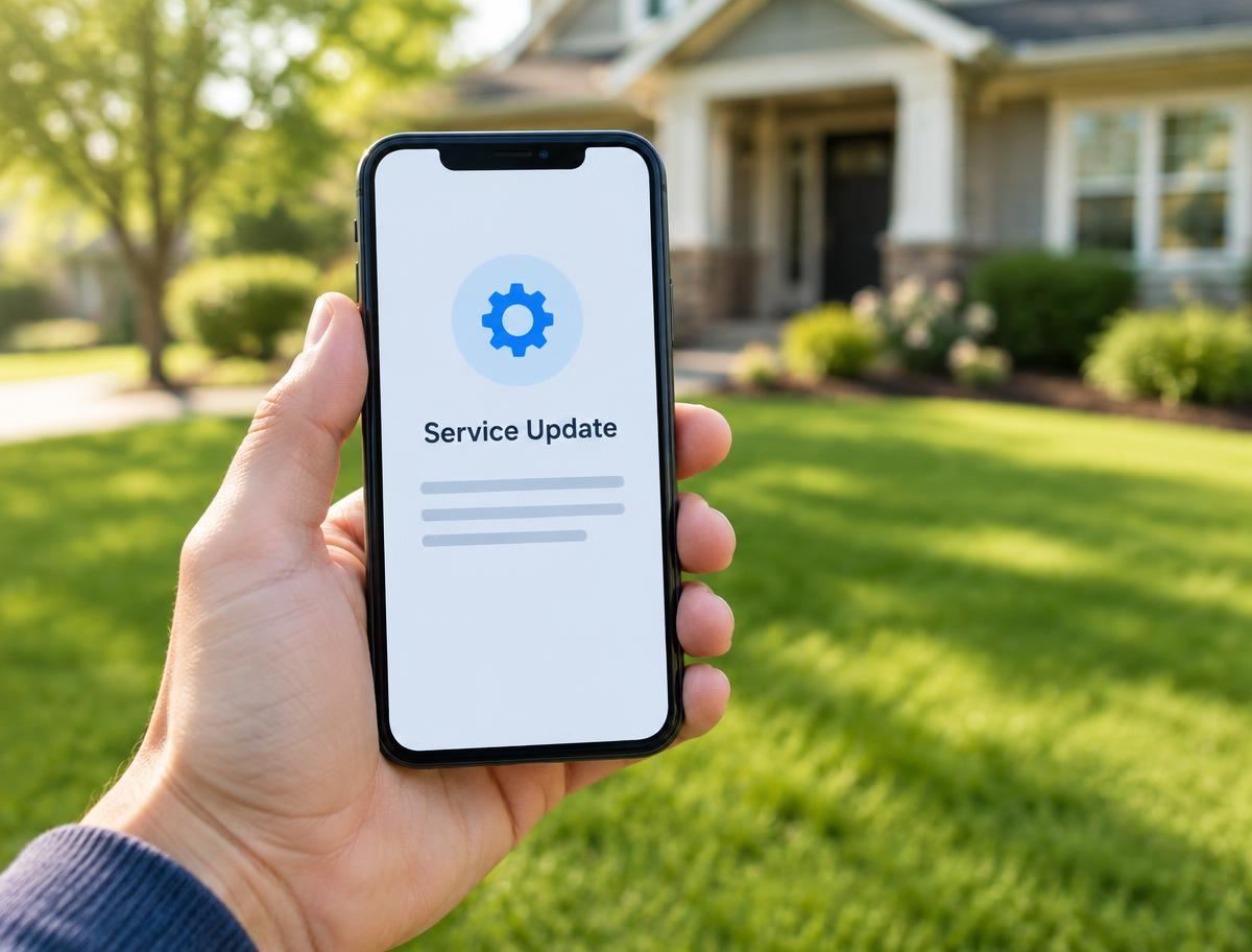 Homeowner reading a lawn service update on a phone in front of their home