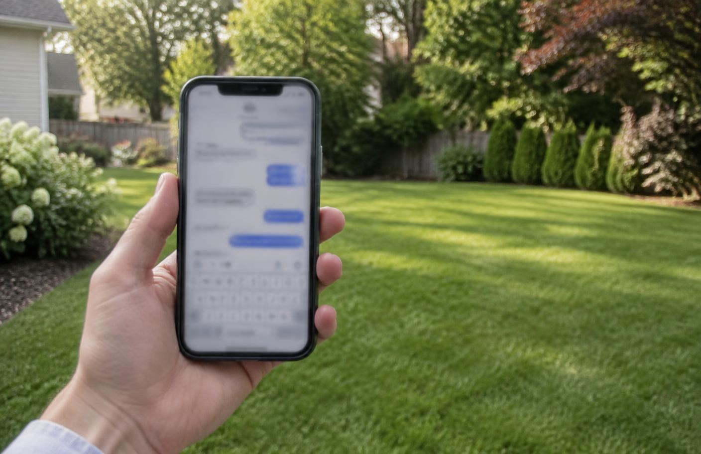 Homeowner holding a smartphone with a text conversation in front of a lush green backyard lawn in New Jersey