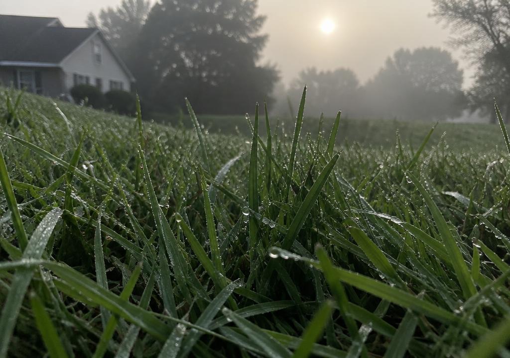 Heavy dew on grass blades on a hazy, humid summer morning