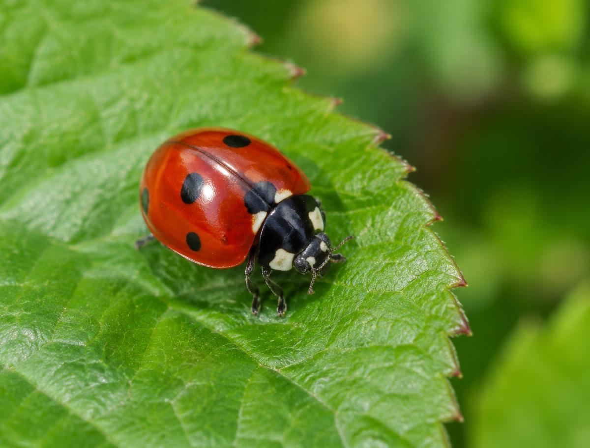 Red lady beetle resting on a green leaf in a garden