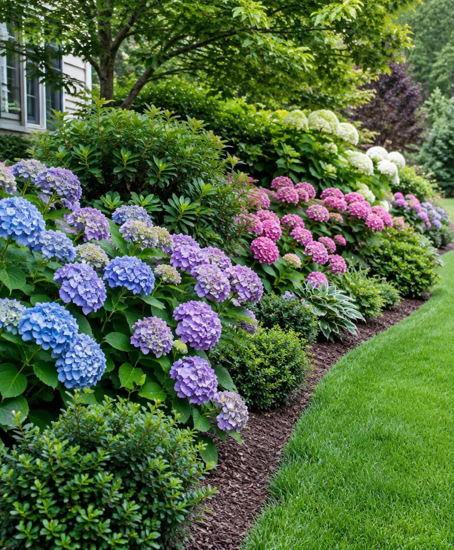 Landscape bed of blue, purple and pink hydrangeas along a green lawn