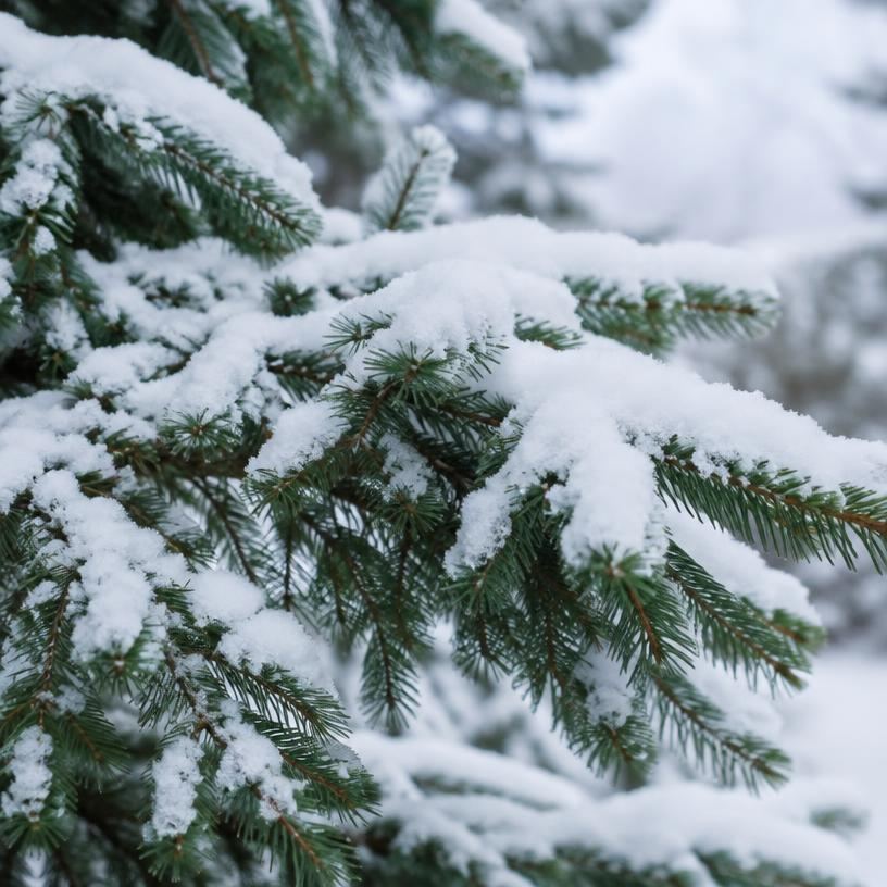Evergreen branches dusted with fresh snow in late fall