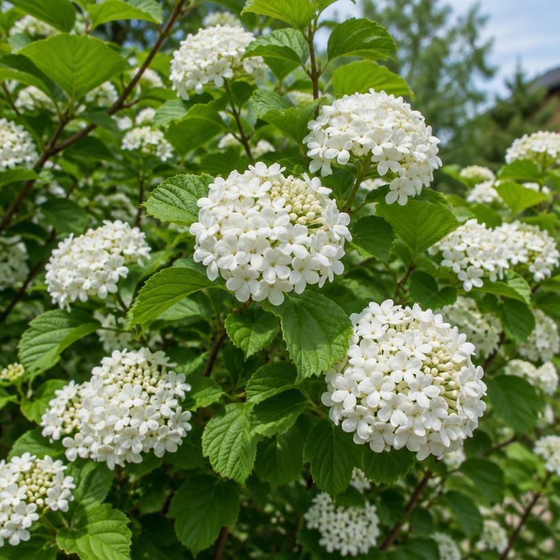 White flowering viburnum shrub blooming in late spring