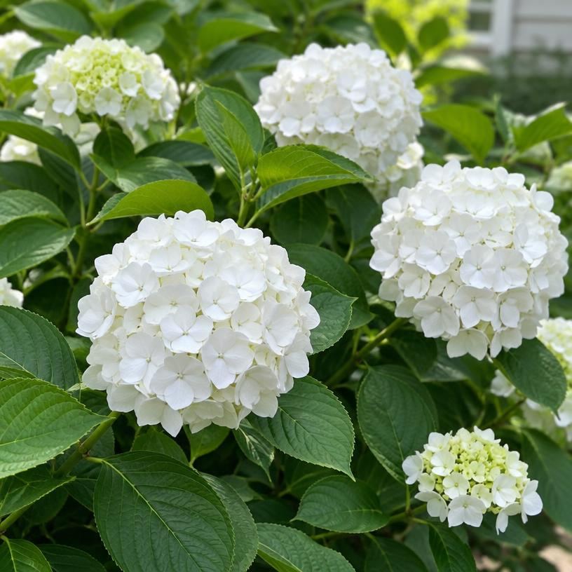 White hydrangea blooms on a healthy shrub in late summer