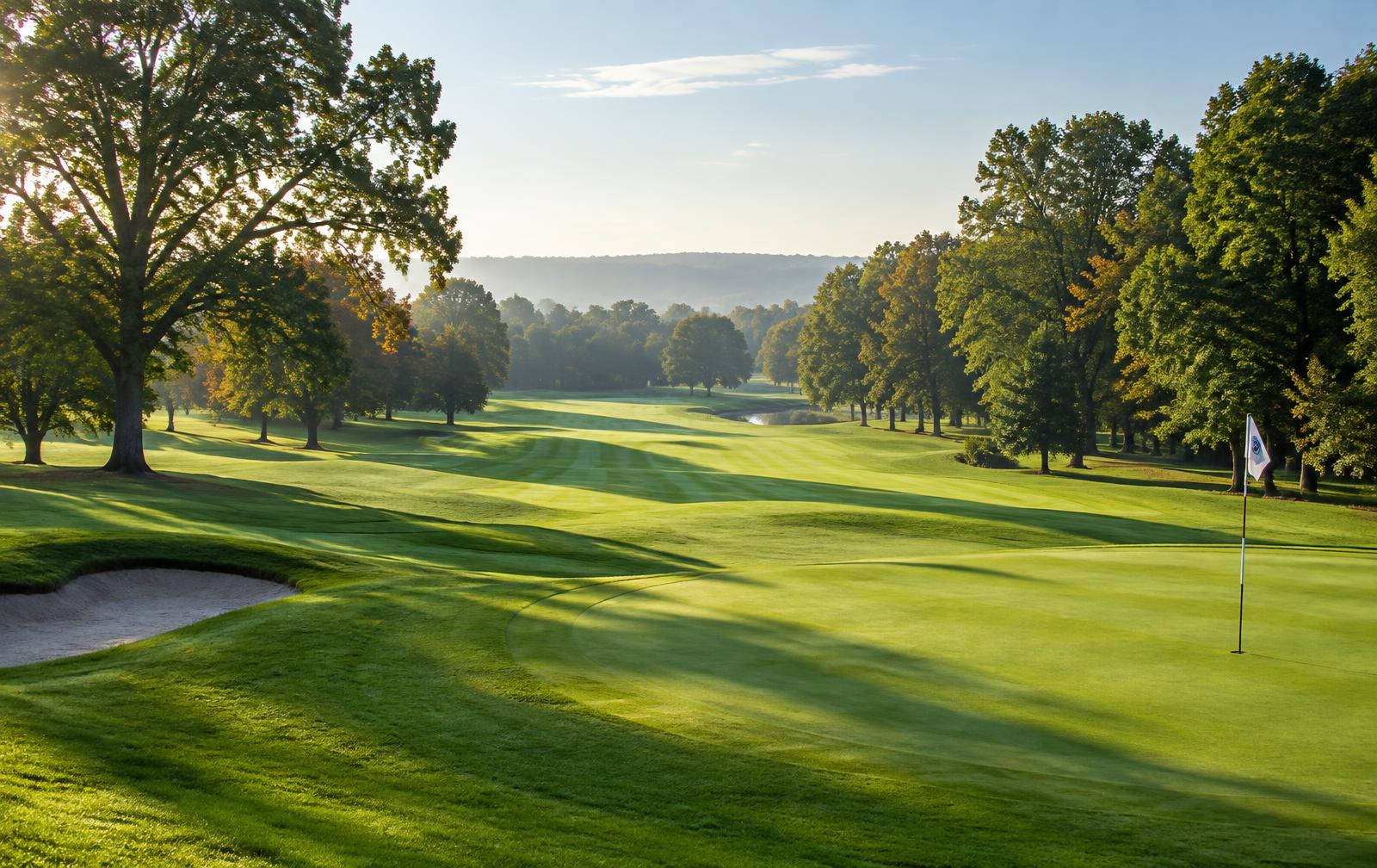 Golf course fairway and green with striped turf in morning light