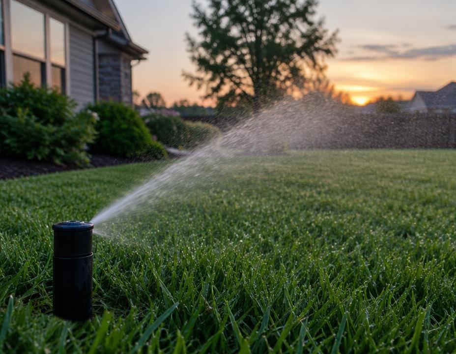Lawn irrigation sprinkler watering green grass