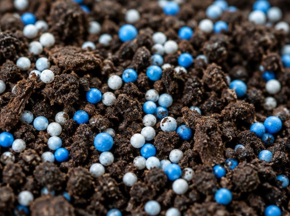 Nutrient granules resting in dark soil