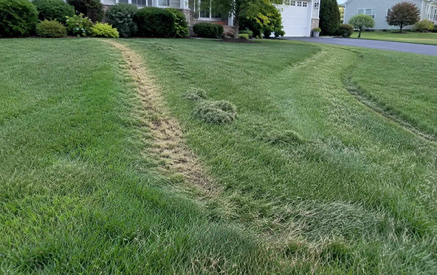 Tall-fescue front lawn showing mowing damage: a scalped brown strip, clumps of wet clippings, a curved tire turn mark, uneven cut and whitish frayed grass tips