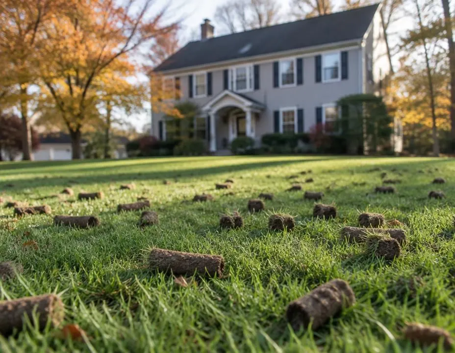 Core aeration plugs on a residential New Jersey lawn